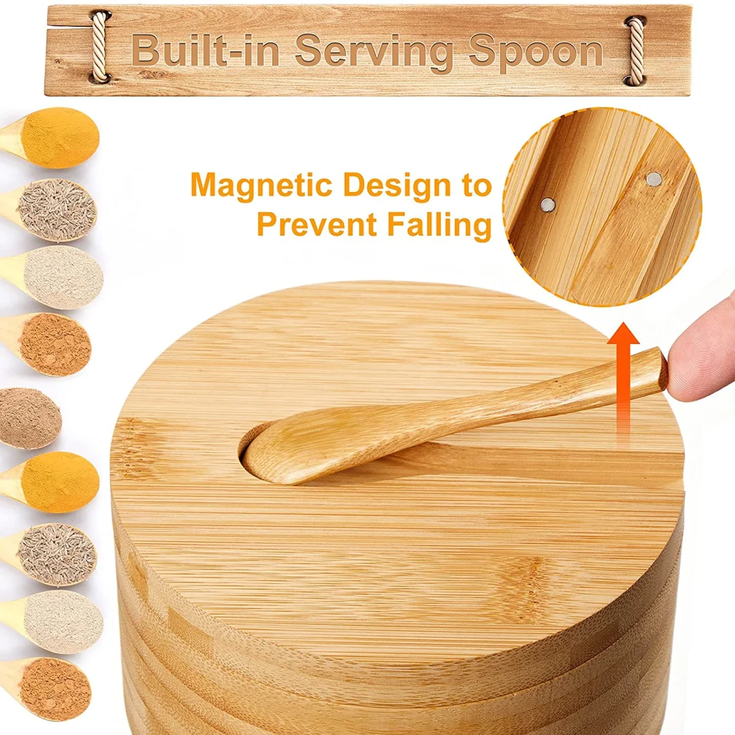 Bamboo Salt Box with Spoon, Spice and Seasonings Storage Container with Swivel Magnetic Lid Condiment Salt Jar Cellar Salt Keeper