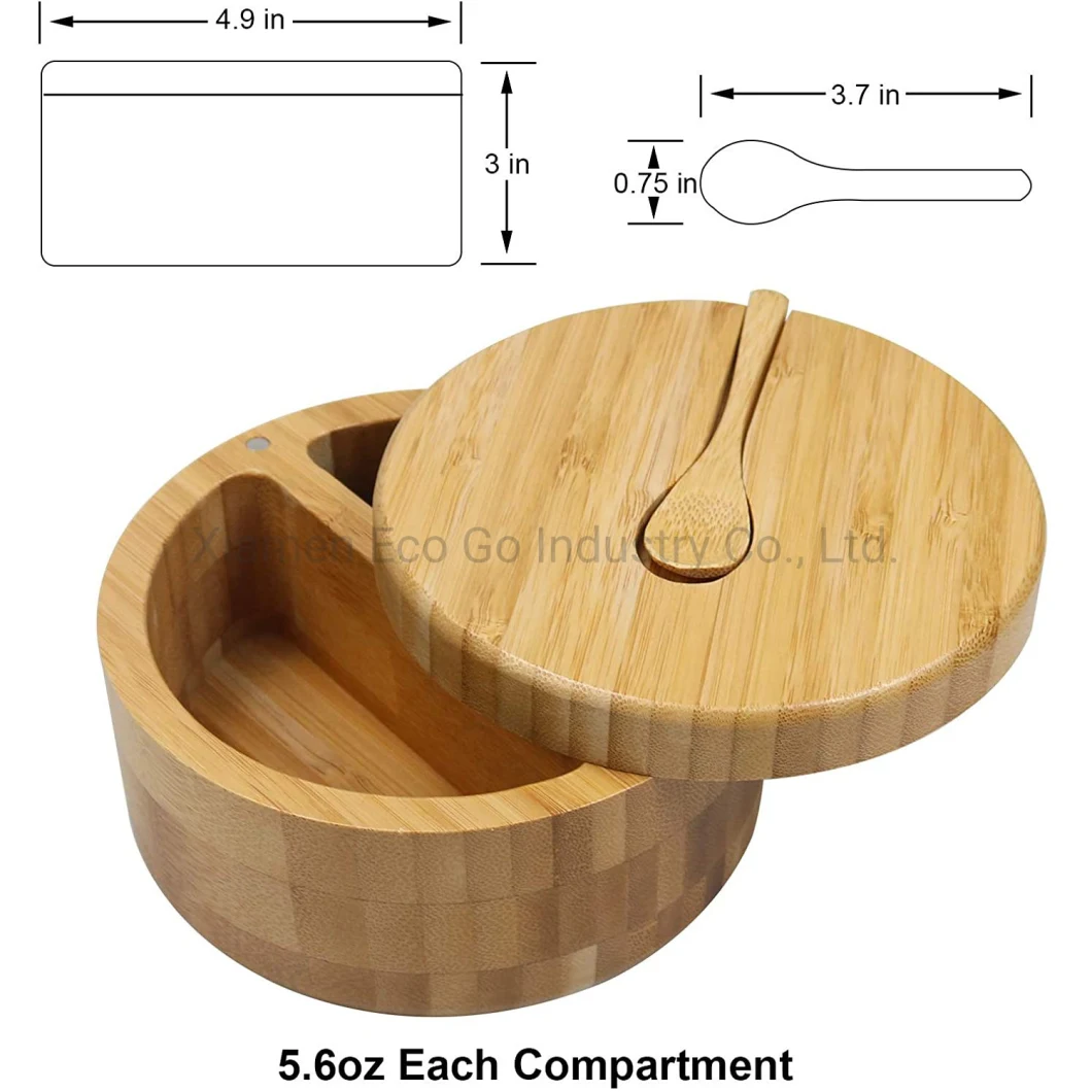 Bamboo Salt and Pepper Box Divided Salt Cellar with Swivel Lid and Spoon, Seasoning Containers with Magnetic Lid