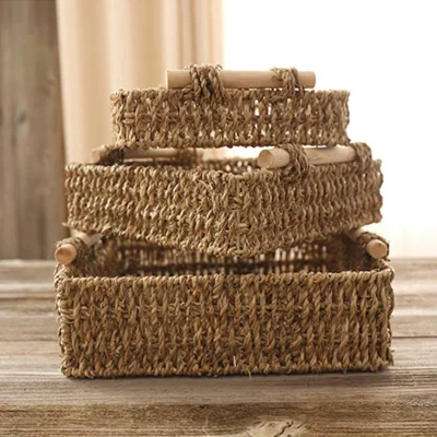 Manico in legno intrecciato con erba, cestino portaoggetti da tavolo in vimini di paglia fatto a mano, scatola portaoggetti